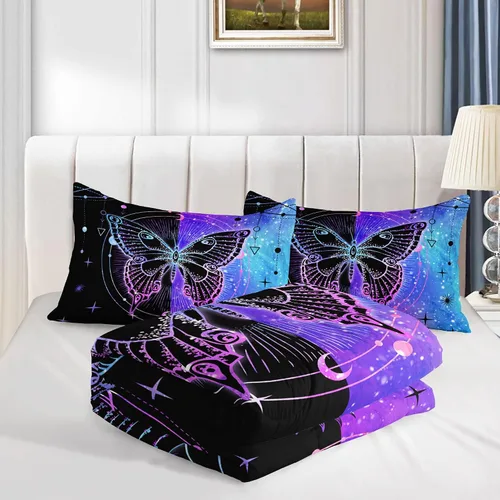 Miniatura 5 de Datura home Juego de edredón de mariposa negra y azul para niñas y mujeres, juego de ropa de cama bohemio con estampado de mandala de mariposa, sol