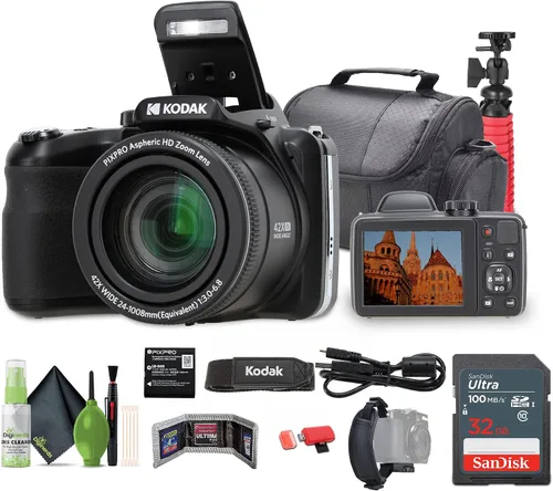Kodak PIXPRO AZ425 - Cámara digital para vlogging de 20 MP (negro) zoom óptico 42X, paquete de lentes gran angular de 0.94 pulgadas con tarjeta de