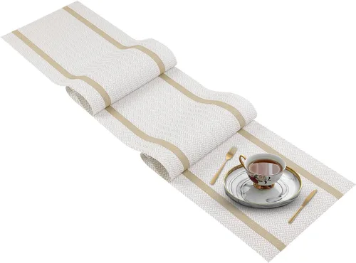 FAVE Camino de mesa de vinilo tejido blanco Camino de mesa tejido con hilos dorados 72x12 pulgadas resistente al calor limpiable Manteles de mesa de