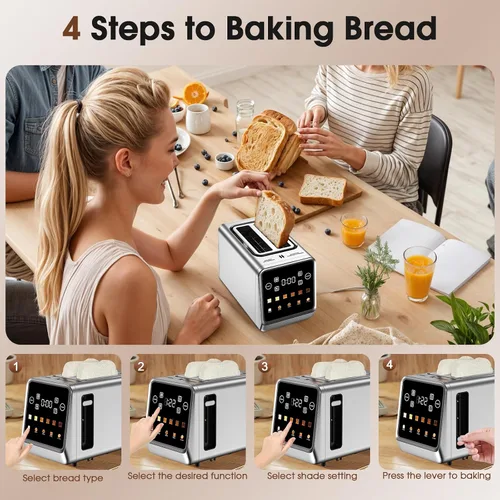 Miniatura 7 de Tostadora de pantalla táctil de 2 rebanadas, tostadoras digitales inteligentes de acero inoxidable con tostada de una sola ranura, función