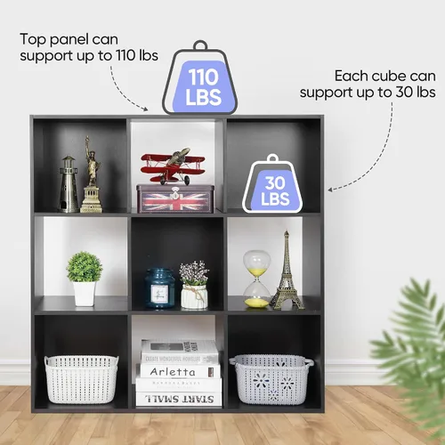 Miniatura 7 de Organizador de estantes de almacenamiento de 9 cubos, unidad de organización de estantería de madera, estantes de cubo para el hogar, oficina, Negro