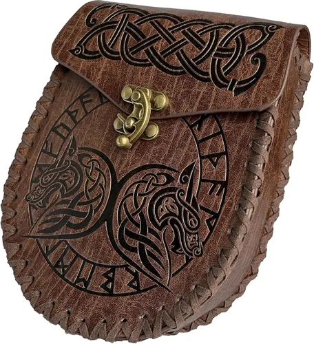 Miniatura 2 de HiiFeuer Cinturón nórdico en relieve, bolsillo lateral de piel sintética medieval retro, bolso de cintura portátil vintage para LARP Ren Faire