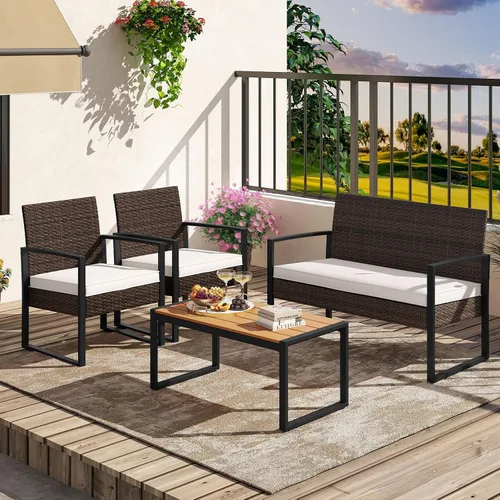 Miniatura 3 de Tangkula Juego de muebles de patio de 4 piezas, juego de conversación de ratán para exteriores con sillas acolchadas y mesa de centro de plástico