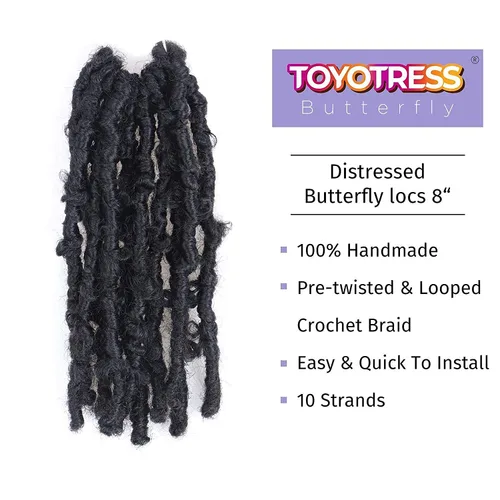 Miniatura 3 de Toyotress Butterfly Locs - Cabello de ganchillo de 8 pulgadas, 7 piezas de trenzas de ganchillo desgastadas pretrenzadas, color negro natural