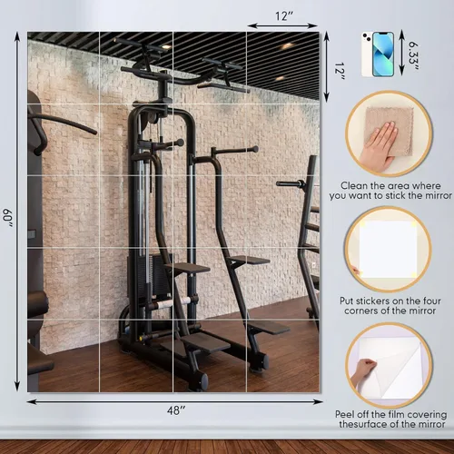 Miniatura 2 de Queekay 20 espejos de gimnasio en casa de 12 x 12 pulgadas, azulejos de espejo autoadhesivos para entrenamiento, sin marco, espejo de pared acrílico