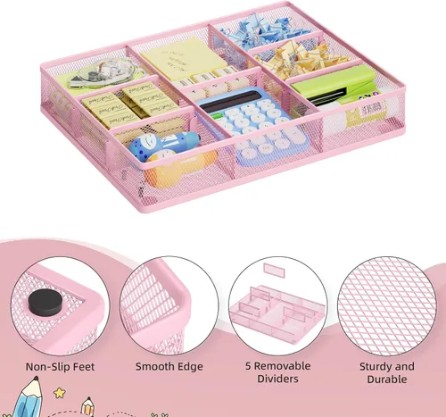 Miniatura 5 de Marbrasse Organizador de cajones de escritorio rosa 2P, bandeja organizadora de cajones de malla metálica con 5 compartimentos ajustables