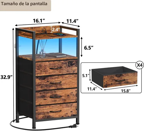 Miniatura 3 de Furnulem Mesita de noche con estación de carga y luz LED, cómoda de 4 cajones para dormitorio, mesita de noche pequeña mesa de cabecera, cubos