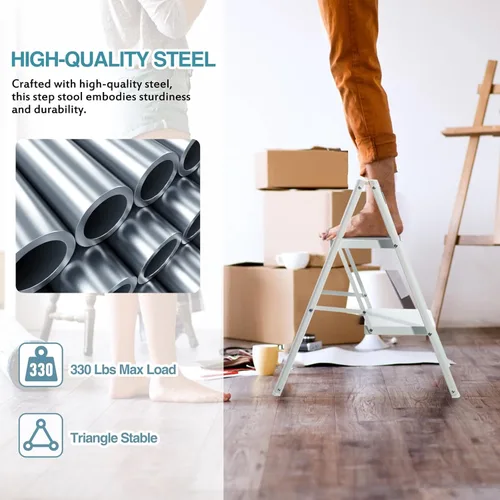 Miniatura 3 de BOCOM Escalera plegable de 2 escalones, taburete de metal de hierro resistente plegable portátil ligera con pedal ancho antideslizante, capacidad