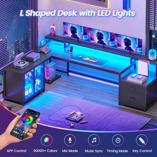 Miniatura 4 de SEDETA Escritorio para juegos en forma de L, escritorio grande para computadora de 78.7 pulgadas con cajones, toma de corriente y luz LED, Negro