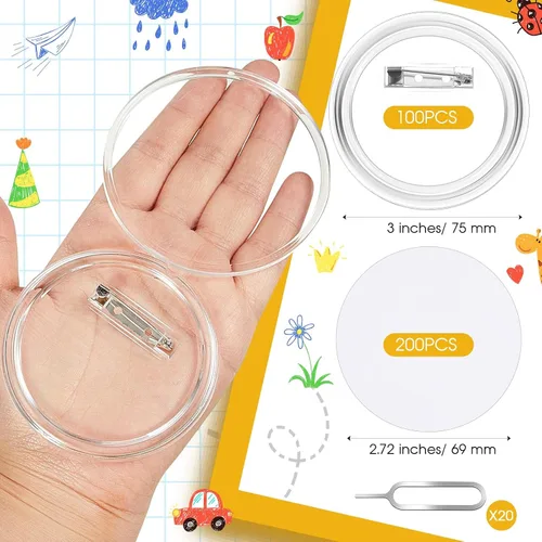 Miniatura 2 de 100 botones acrílicos transparentes de 3 pulgadas con 200 papel, 20 herramientas de extracción de tarjetas SIM, haz tus propios botones con alfiler