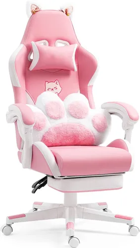 Miniatura 8 de Silla ergonómica de cuero para juegos con reposapiés, cómoda silla de juegos beige con cómodo reposacabezas y soporte lumbar para adultos, niños
