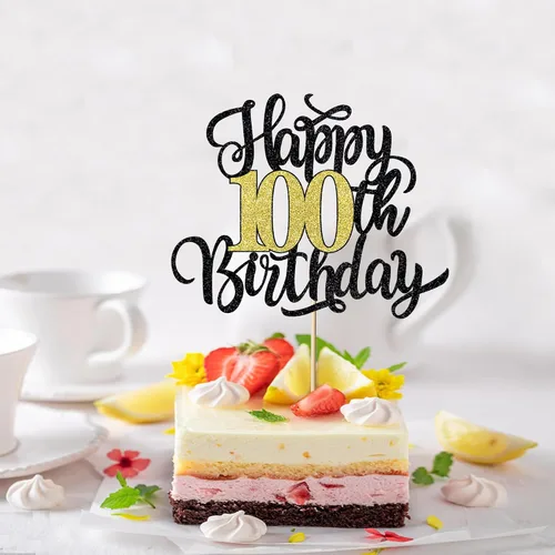 Miniatura 5 de Decoración para tarta de cumpleaños número 100, decoración de pastel de cumpleaños con purpurina negra y dorada, suministros de decoración de 100