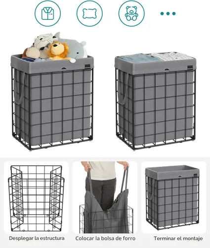 Miniatura 7 de SONGMICS Cesta para la ropa sucia, 23.8 galones (90L) Cesta de ropa, Cesta de ropa plegable, forro extraíble y lavable, marco de alambre metálico