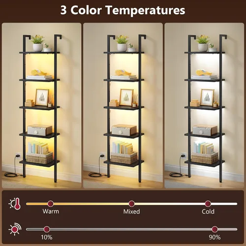 Miniatura 4 de Tajsoon Estante de escalera de 5 niveles con luz, estante de madera para libros montado en la pared, estantería de escalera con marco de metal