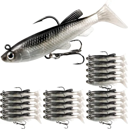 Miniatura 17 de Señuelos de pesca suaves, cebos de sábalo y pececillo, señuelos de cola de paleta con cabeza de plantilla premontada para lubina, trucha