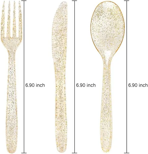 Miniatura 9 de WDF Cubiertos de plástico dorado 360, cubiertos desechables con purpurina dorada, cubiertos de plástico con 120 tenedores, 120 cucharas, 120