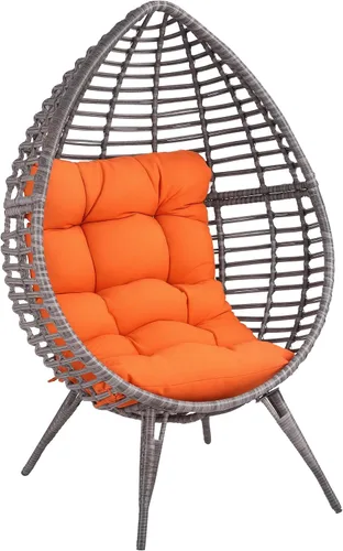 Outsunny Silla de mimbre para patio con cojín suave, asiento de lágrima, silla de patio para exteriores/interiores, muebles de ratán de plástico PE