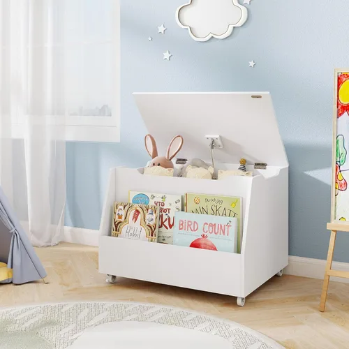 Miniatura 8 de Costzon Caja de juguetes para niños, organizador de almacenamiento de juguetes móvil de madera con estantería y ruedas con cerradura para niñas