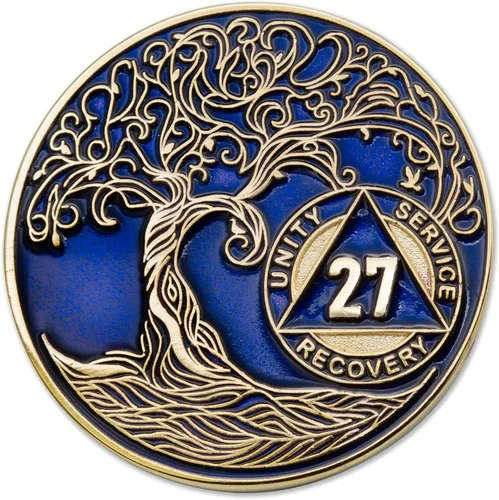 Miniatura 138 de 20 Year Sobriety Mint Twisted Tree of Life - Medallón de recuperación AA chapado en oro, fichas y fichas, color negro