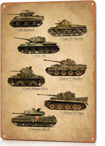 Wallors Decoración Militar Vintage ww2 Tanques Regalos Geniales para Hombres Habitación de Niños Decoración de Pared Letreros de Metal de Estaño