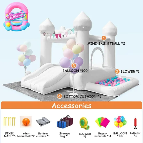 Miniatura 2 de Casa de rebote blanca de 9 pies, casa hinchable para niños pequeños de 3 a 6 años, regalo de fiesta con soplador, castillo hinchable blanco