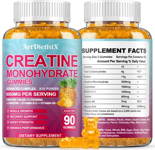 Miniatura 11 de Gomitas de monohidrato de creatina de 8000 mg con BCAA, L-carnitina, taurina y vitamina B12, suplemento preentrenamiento para crecimiento muscular