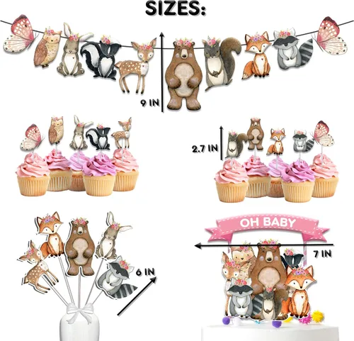 Miniatura 3 de Juego de decoración de baby shower del bosque – Suministros de fiesta de animales del bosque rústico con decoración para tartas "Oh Baby", pancarta