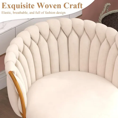 Miniatura 4 de ABET - Silla de tocador con ruedas, pequeña silla de oficina de terciopelo, taburete de maquillaje semi-circular tejido a mano para mujeres
