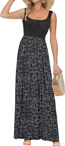 Miniatura 27 de AUSELILY Vestido largo con cuello cuadrado para mujer, sin mangas, floral, holgado, con bolsillos