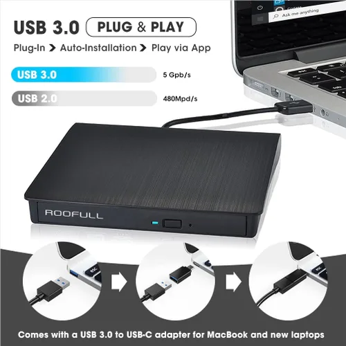 Miniatura 4 de Unidad de CD/DVD externa ROOFULL para portátil, USB 3.0, CD/DVD-ROM +/-RW, lector, reproductor, grabador, quemador, con estuche de transporte