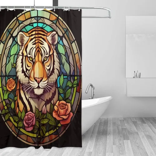 Miniatura 2 de YLATY4067 - Cortina de ducha de tigre para baño, diseño de hojas de flores, arte de vidrio, bohemio, tela abstracta, moderna, impermeable