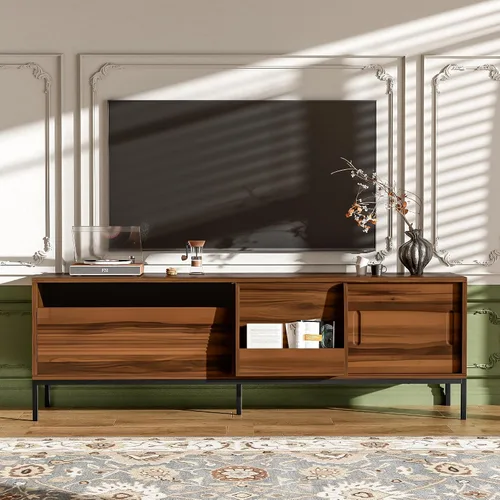 Miniatura 14 de JIVOIT Moderno soporte de TV de ratán para televisores de hasta 80 pulgadas, mesa consola inspirada en ratán con 3 gabinetes y 2 cajones, armario