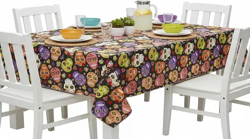 Miniatura 7 de Newbridge Mantel de vinilo con parte trasera de franela para fiesta y fiesta de calavera de azúcar, mantel de vinilo con máscara de esqueleto otomí