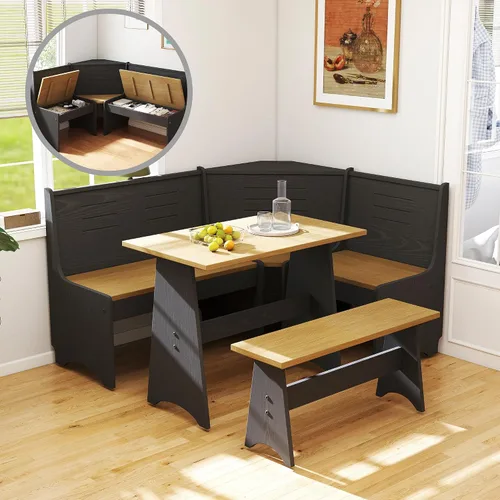 Miniatura 10 de Juego de rincón de desayuno de 3-4 asientos en forma de L con almacenamiento oculto - Mesa de comedor de cocina esquinera que ahorra espacio y juego