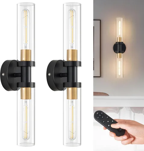 Miniatura 15 de Juego de 2 apliques de pared a pilas, luces de pared inalámbricas con control remoto, lámparas de pared regulables recargables para dormitorio