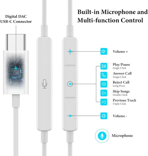 Miniatura 3 de Auriculares USB C para iPad Pro iPhone Air 17 16 15 Pro Max HiFi Stereo USB-C Auriculares con cable Micrófono Control de Volumen Tipo C Auriculares