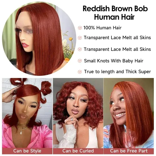 Miniatura 2 de Peluca de encaje frontal de 13x4 de cabello humano brasileño virgen rojizo 12 pulgadas con cabello de bebé, 180% de densidad, sin pegamento, peluca