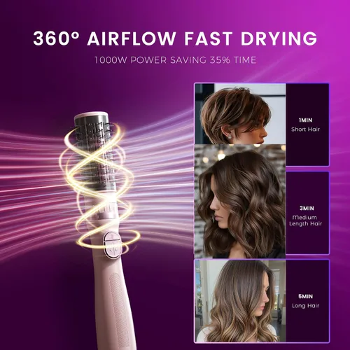 Miniatura 3 de Cepillo secador de pelo, giratorio 3 en 1 con 3 cabezales para secar peinado, voluminizar, rizar, elegante en un solo paso para cabello largo, 3 Rosa