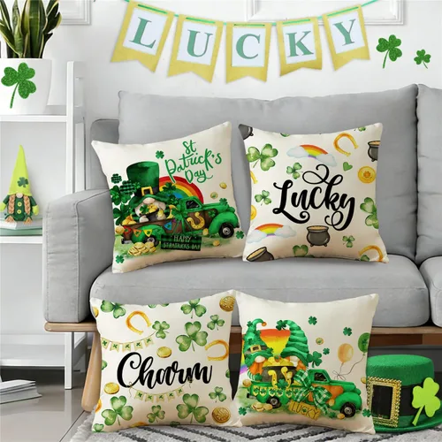 Miniatura 5 de NIGHTWISH Juego de 4 fundas de almohada del Día de San Patricio de 16 x 16 pulgadas, diseño de gnomo de camión de trébol, decoración del día de San