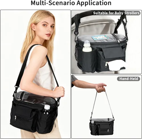 Miniatura 2 de Organizador de cochecito con portavasos aislados, bolsa universal para cochecito que se adapta a Uppababy, Baby Jogger, Nuna, correa de hombro Negro