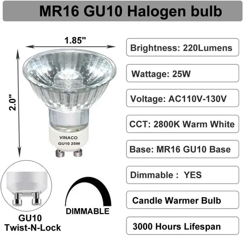 Miniatura 3 de Vinaco Calentador de velas GU10 C de 120 V y 25 W, 6 bombillas halógenas de alto rendimiento de 220 lúmenes, GU10 de 25 W, sin parpadeo, de larga