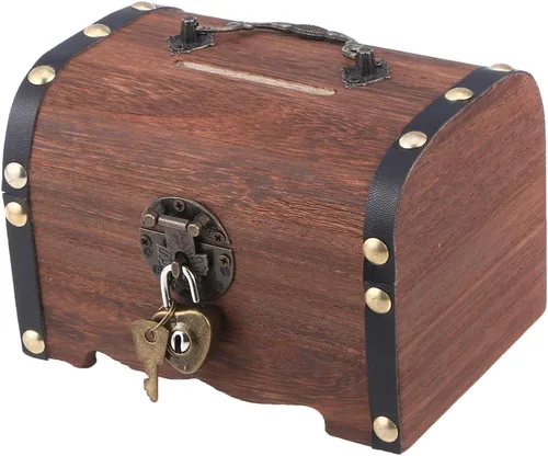 Alcancía: Cofre del tesoro de madera vintage, caja de madera pequeña rústica, banco de monedas decorativo, banco de dinero, ahorrador de dinero,
