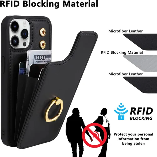 Miniatura 5 de Funda compatible con iPhone 13 Pro Max con tarjetero y rotación de 360°, soporte de anillo de dedo con función atril, bloqueo RFID, piel sintética