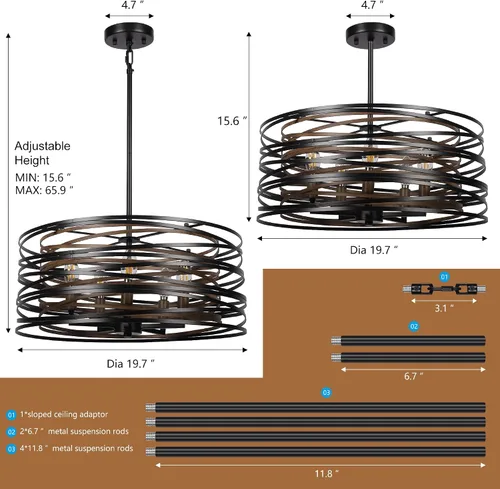 Miniatura 6 de ACNKTZ Lámpara Colgante de Tambor de 12.6'', Luminaria Colgante, Candelabro Retro Semi Empotrado, Candelabros Plateados para Comedor Dormitorio