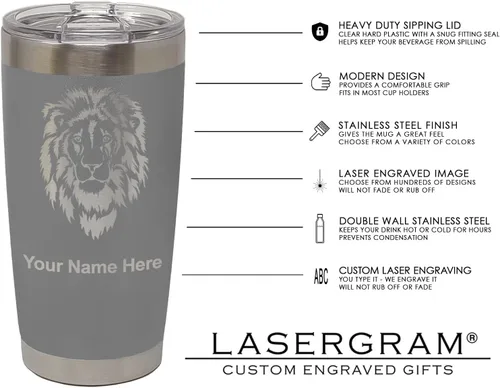 Miniatura 5 de LaserGram Vaso aislado al vacío de 20 onzas, bandera de México, grabado personalizado incluido (gris)