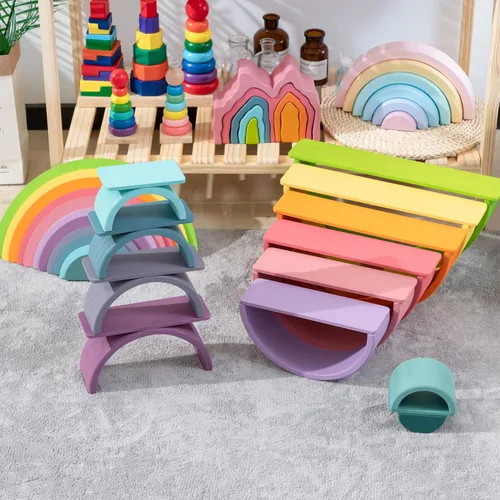 Miniatura 6 de Juguete apilable de madera de arco iris, apilador de 12 piezas, bloques de construcción de rompecabezas de anidación extragrandes, juguetes