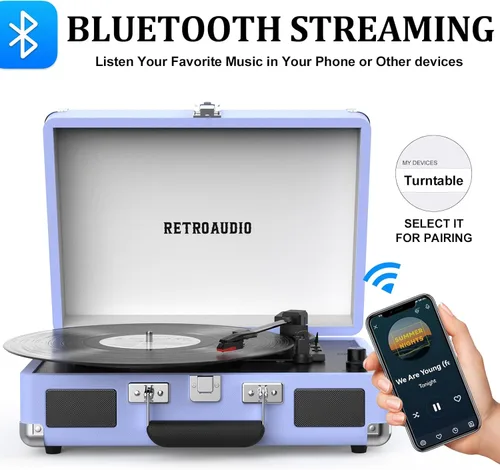 Miniatura 2 de Tocadiscos de Vinilo de 3 Velocidades Bluetooth Portátil Estilo Maleta Accionado por Correa con 2 Altavoces Estéreo Incorporados Tocadiscos