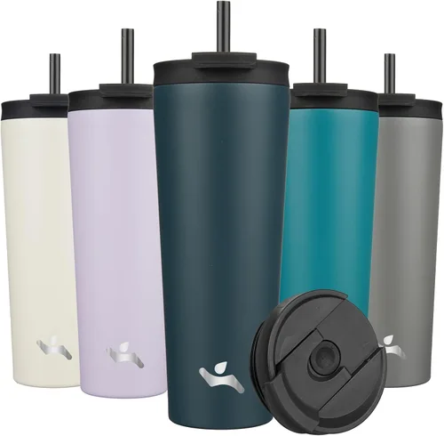 Miniatura 20 de Konokyo Vaso aislado de 18 onzas con tapa y 2 pajillas, botella de agua de acero inoxidable, taza de viaje al vacío, taza de café, color blanco ángel