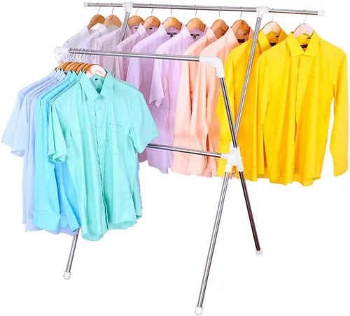 Miniatura 13 de BAOYOUNI Estante plegable de secado de ropa de acero inoxidable con doble poste, barras expandibles, ahorro de espacio, retráctil, resistente