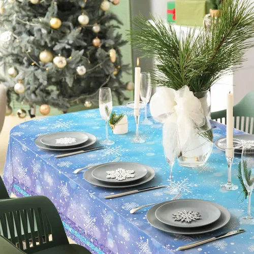 Miniatura 5 de Mantel de copo de nieve azul y blanco, 3 piezas, mantel rectangular de plástico desechable, 70 x 43 pulgadas, suministros para fiesta de cumpleaños